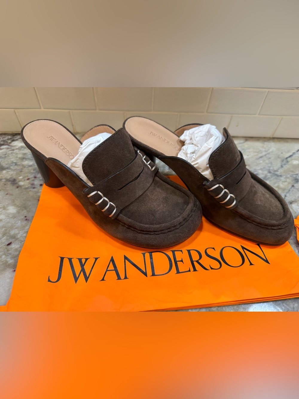 JW Anderson Chocolate Brown Suede Loafer Mule Heels – NEW IN BOX